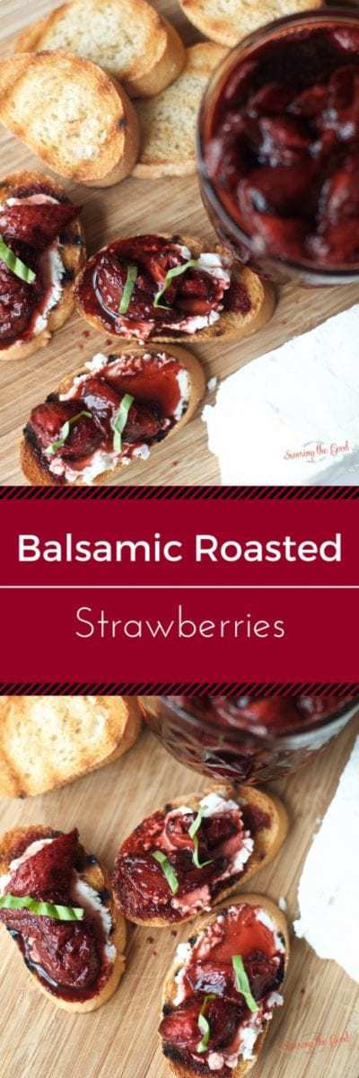 A delicious and non-traditional way to enjoy strawberries is to roast them in balsamic vinegar. A incredible balance of tang and sweet, I serve this treat on a goat cheese crostini. Another fabulous option is to pour them over ice cream. You will be shocked at how quickly this appetizer comes together. 