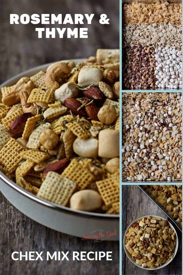 4 image collage of Rosemary and Thyme Chex Mix