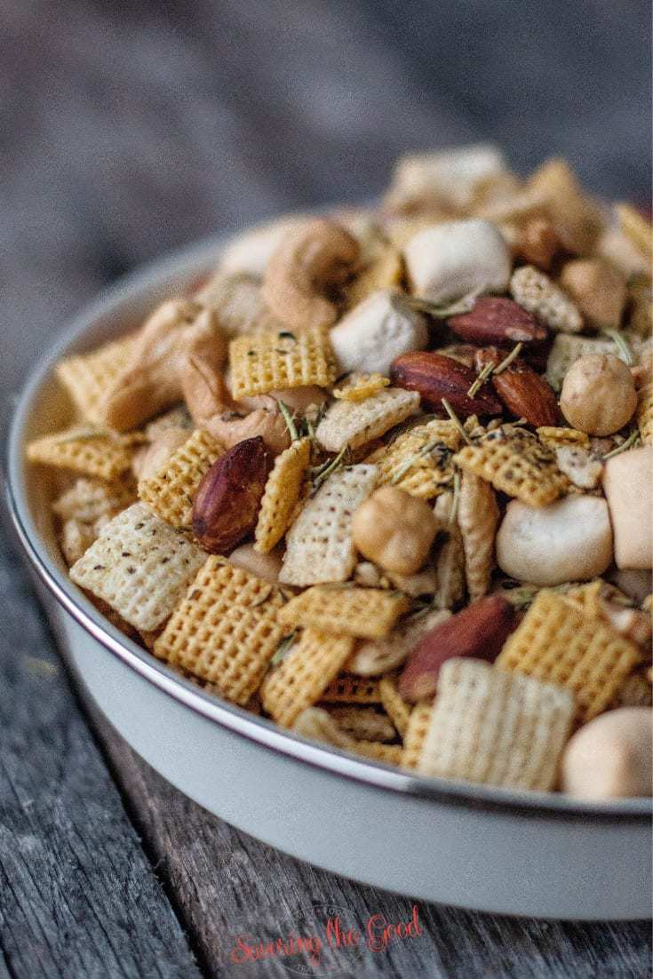close up of Rosemary and Thyme Chex Mix