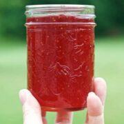 Thick Strawberry Jam in a jar being held by a female hand, square image