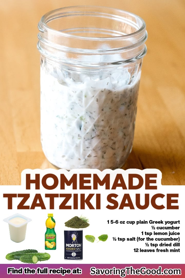 A glass jar filled with creamy homemade tzatziki sauce sits on a wooden surface, with the homemade tzatziki sauce recipe ingredients and instructions listed below.