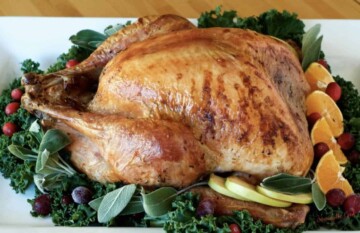 An oven roasted turkey is sitting on a white plate with oranges and kale.