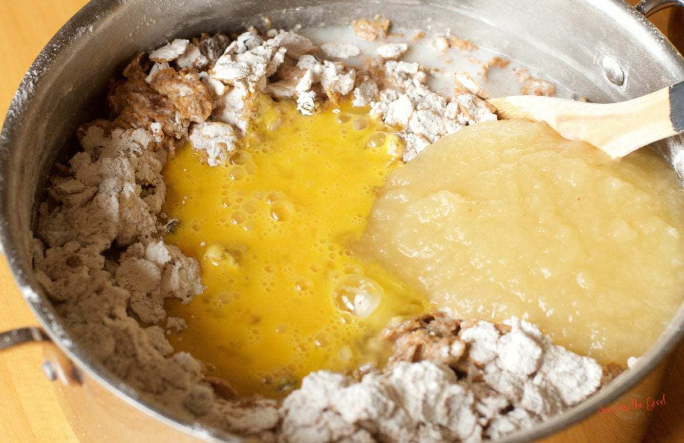 stirring wet and try ingredients together for raisin bran muffins