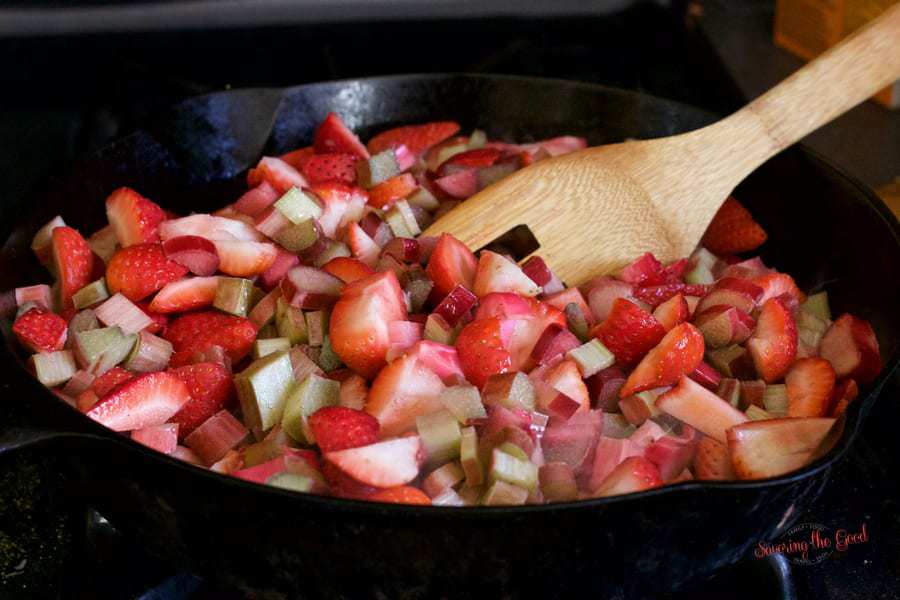 Strawberry and Rhubarb cooking in a Cast Iron