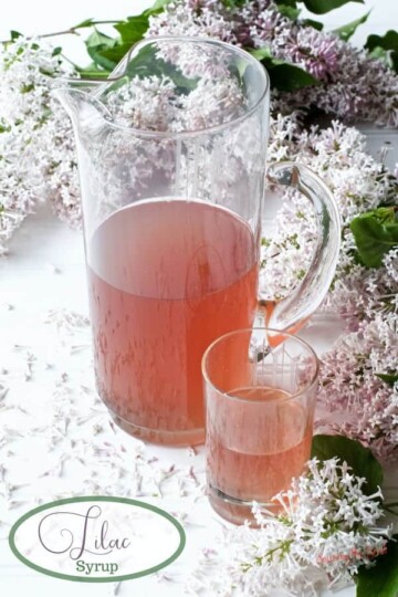 lilac syrup in a glass pitcher