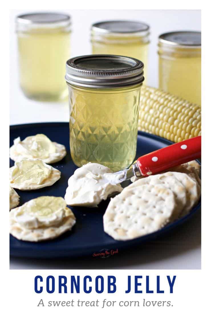 Corn Cob Jelly with water crackers on a blue plate