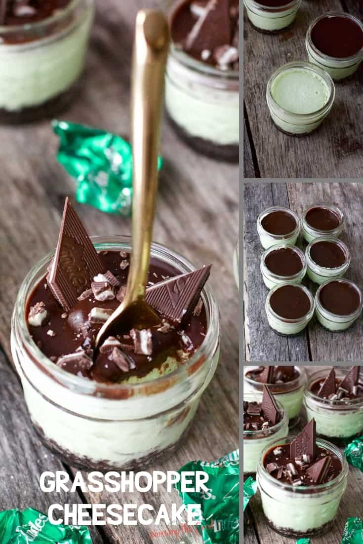 collage of grasshopper cheesecake in jars for pinterest