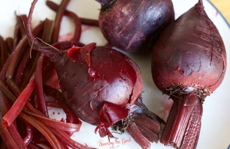 steamed beets starting to be peeled for pickling