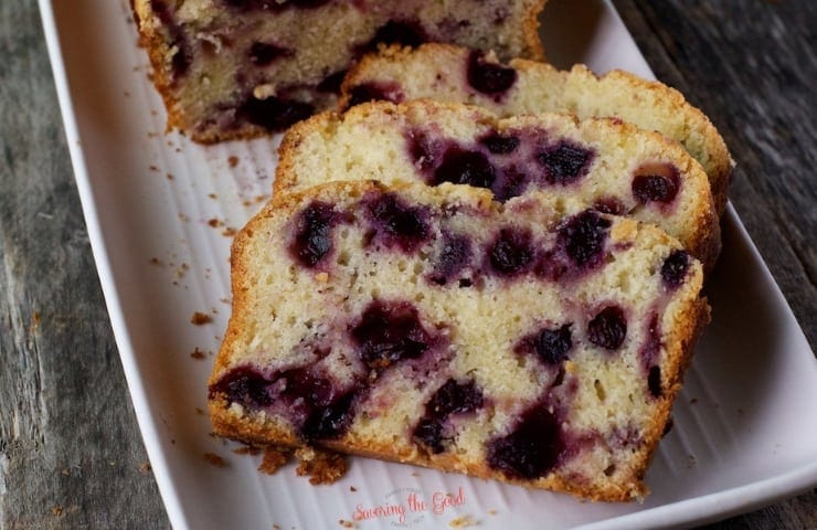 horizontal image of slices of Lemon Blueberry Bread