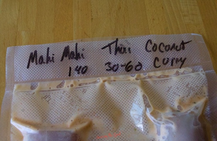 Sous Vide Mahi-Mahi with Thai Coconut Curry Sauce prepped for freezing.