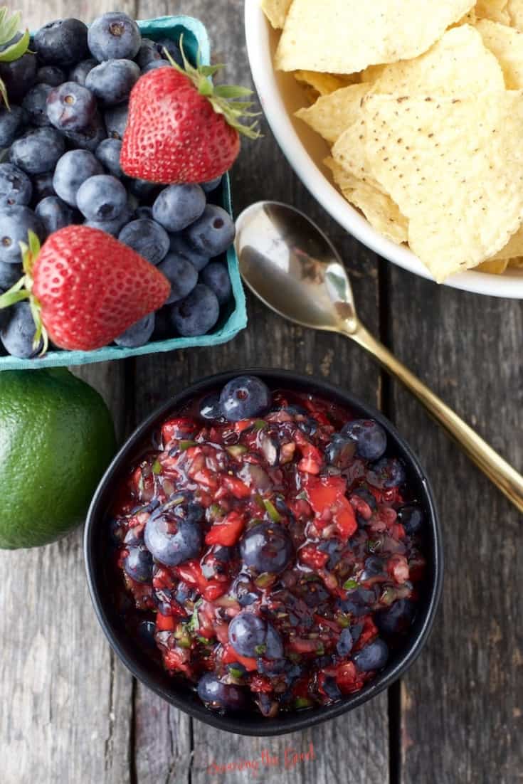 blueberry salsa recipe with chips to the side. 