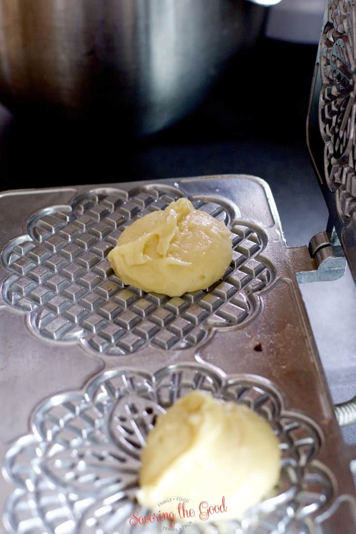 showing where to place the pizzelle batter for optimal pressing
