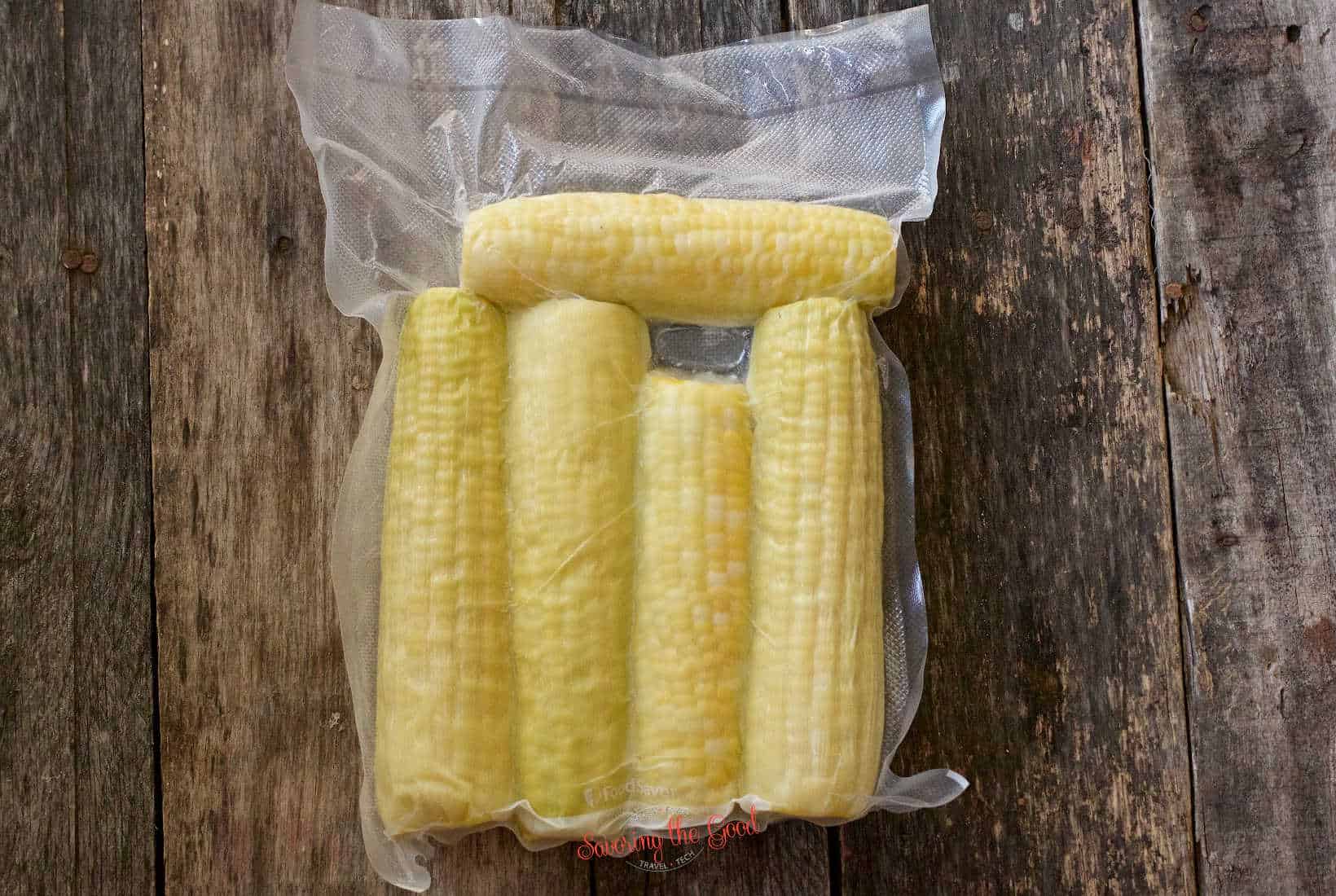 5 ears of corn on the cob in a sous vide bag