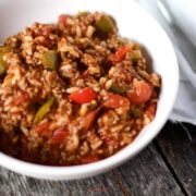 Stuffed Pepper Soup in a white bowl