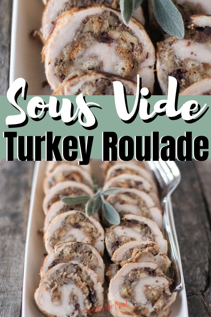 Sous vide turkey roulade recipe on a white plate with sage leaves.