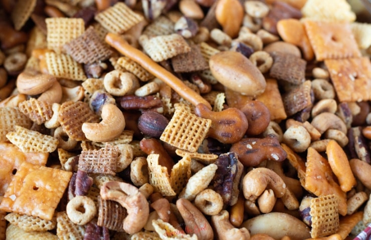 horizontal image of nuts and bolts recipe mixed up