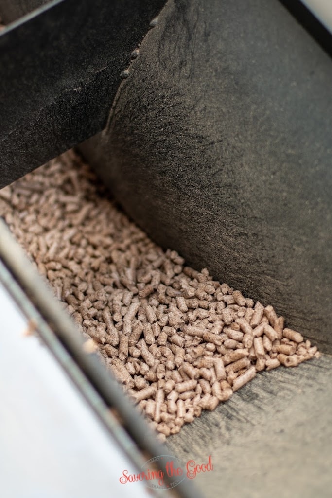 wood pellets in the pellet box of a rec tec grill