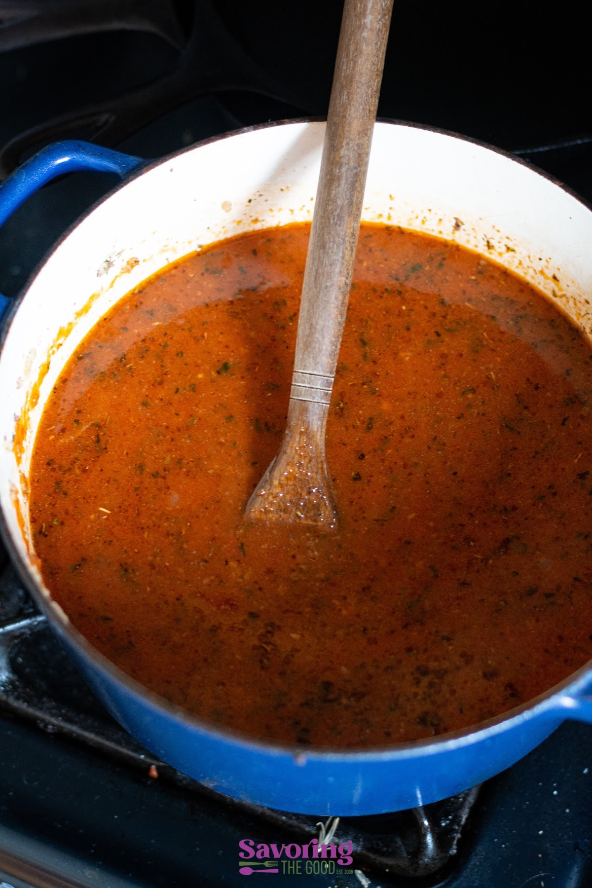 chicken stock added to the pot for Lasagna Soup