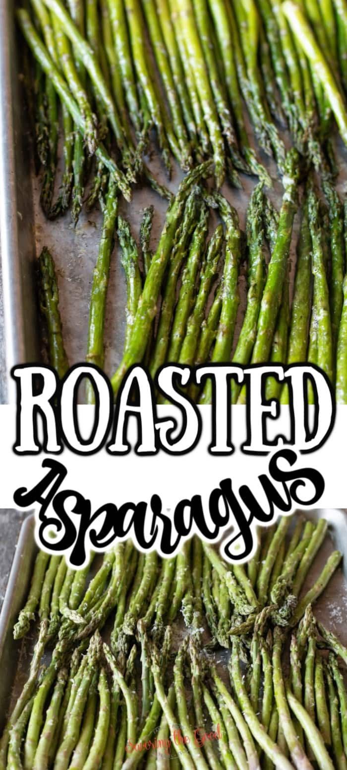 Roasted asparagus recipe on a baking sheet.