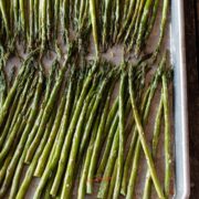 Roasted asparagus recipe on a baking sheet.