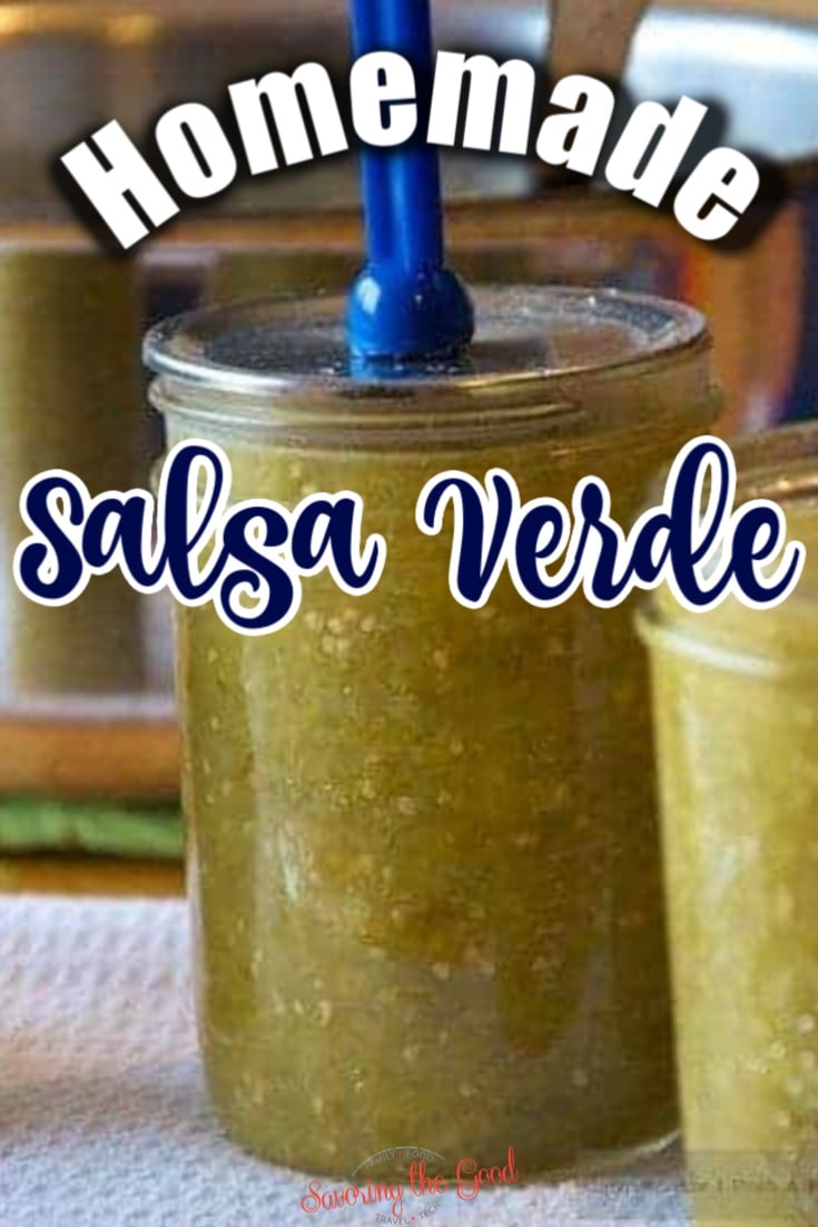 Homemade salsa verde in jars with a blue lid. Perfect for your next gathering or meal prep.