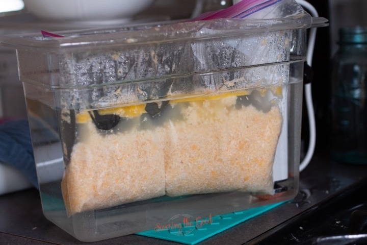 sous vide container with sous vide grits in a bag submerged below the water line