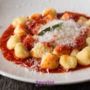 A white plate of pillowy gnocchi and delicate gnudi topped with red tomato sauce, grated Parmesan cheese, and a basil leaf sits on a wooden table.