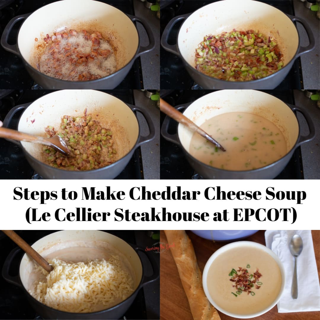 steps to make cheddar cheese soup, laid out in a grid showing stages.