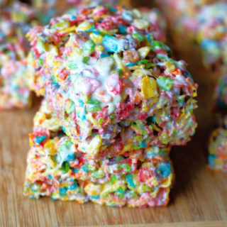 close shot of fruity pebbles treats, out of focus in the background, square image