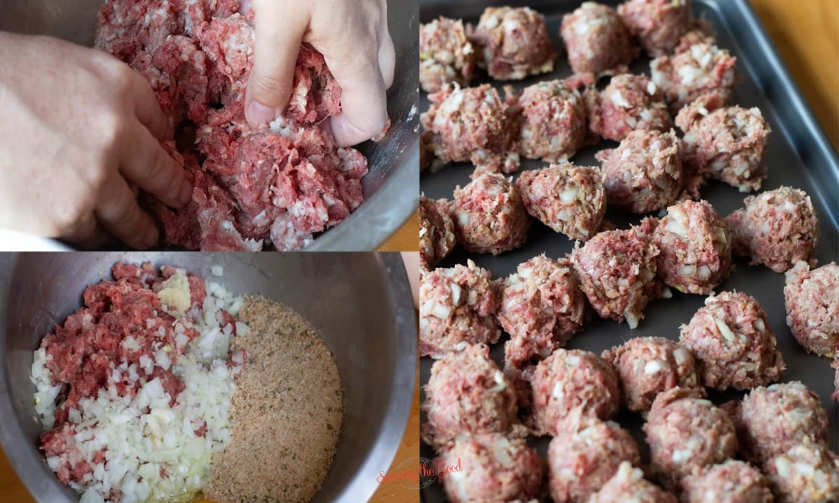 3 photos showing how to make the meatballs for swedish meatballs from Ikea
