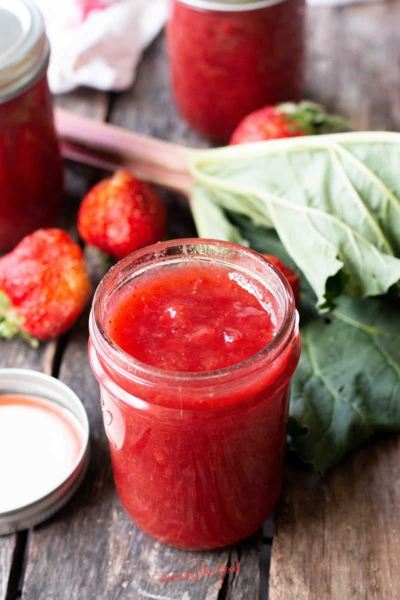 Strawberry Rhubarb Jam in a mason jar