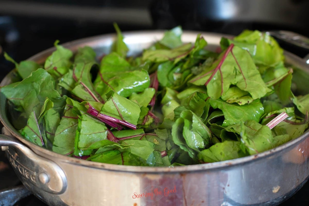 chopped Beet Greens in a pan
