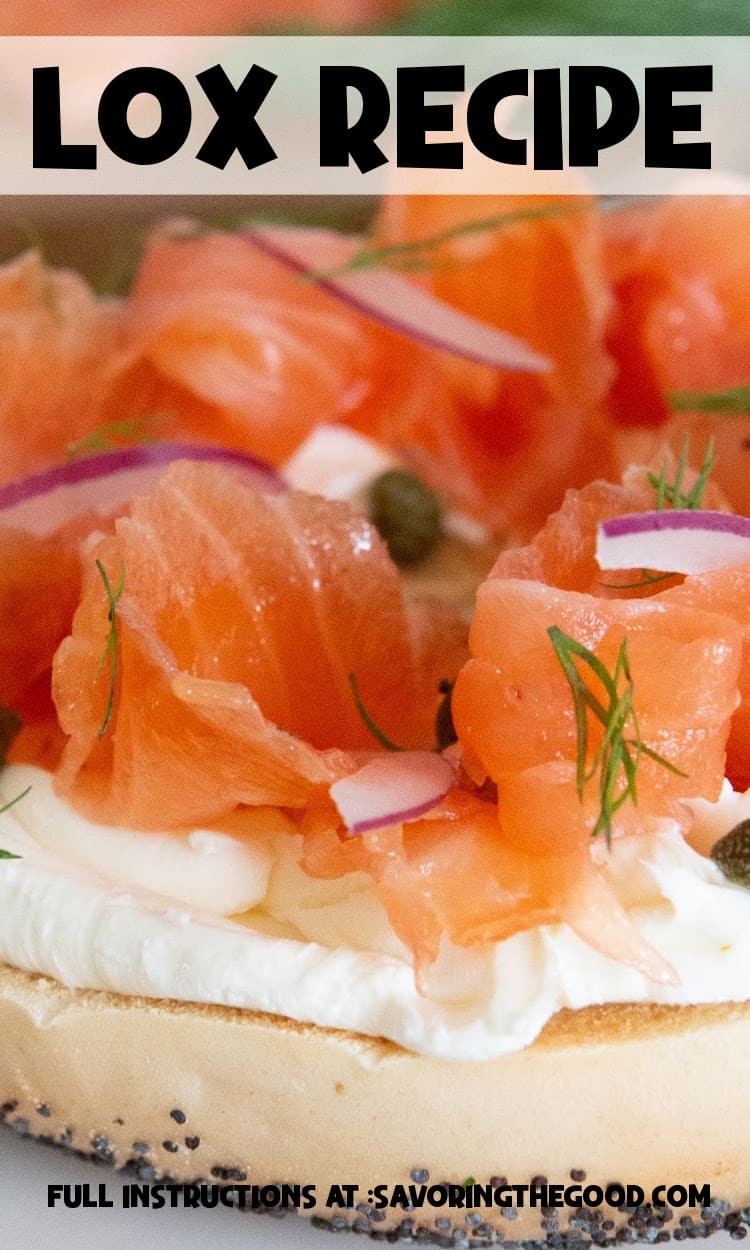 A salmon bagel with a delicious lox recipe.