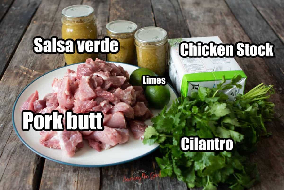 chili verde ingredients with text descriptions over them