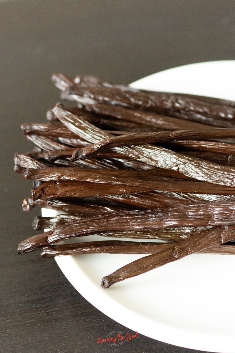 whole vanilla beans on a plate