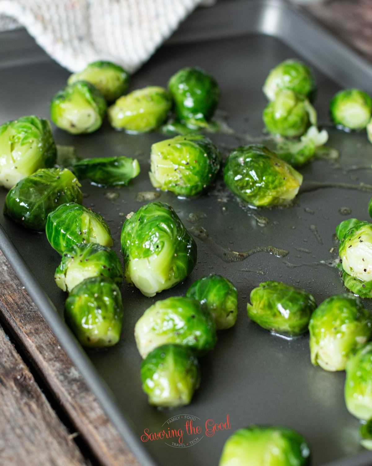 Brussel Sprouts on a sheet pan before they are smashed