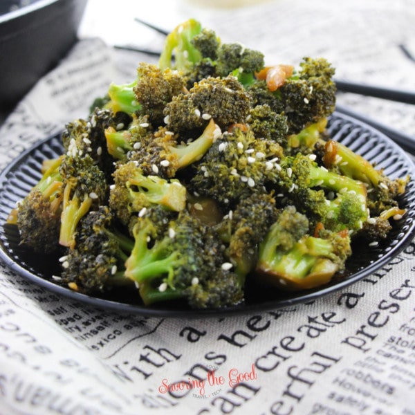 Keto Asian Broccoli Recipe on a black plate square image