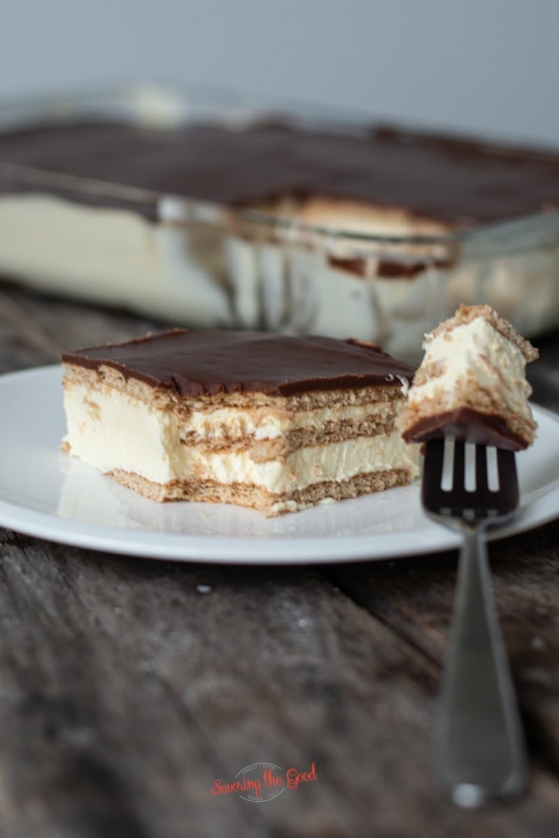 eclair cake slice with a fork