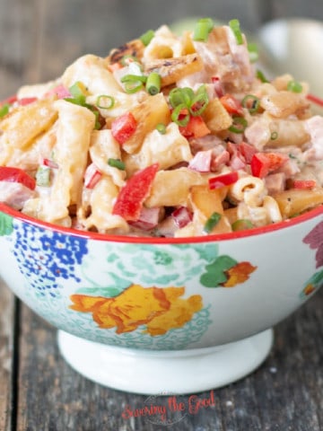 A Hawaiian pasta salad with ham and peppers.