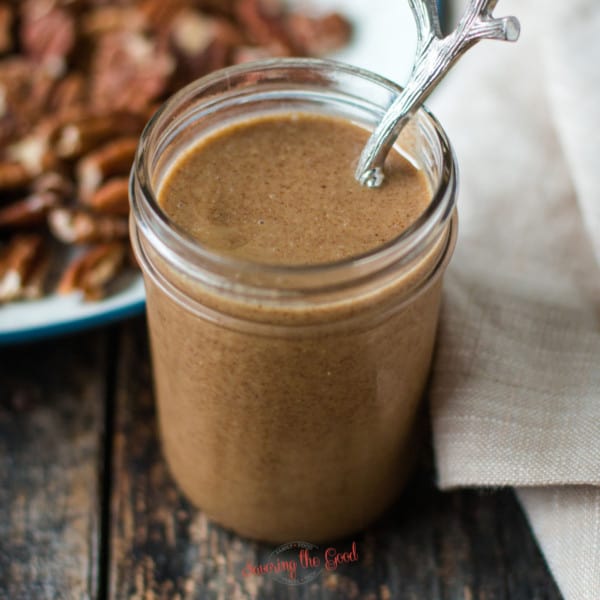 Pecan butter in a glass canning jar square image