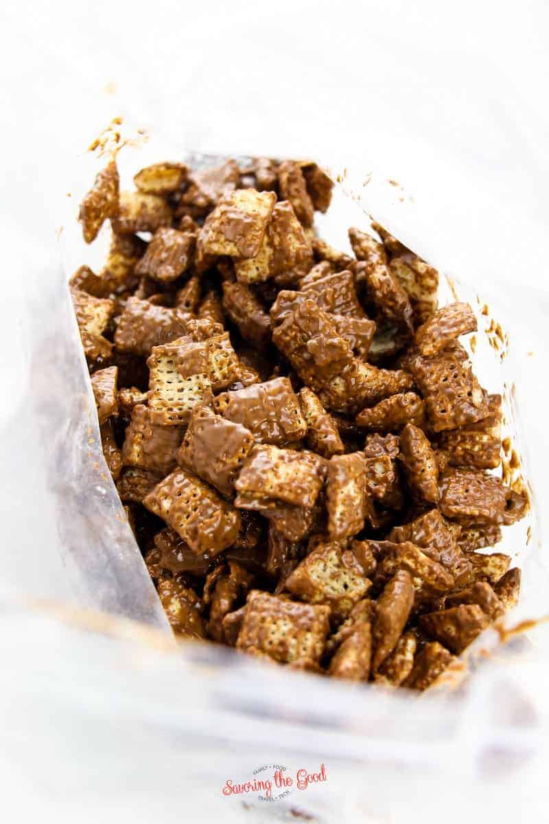 chocolate coated chex cereal in a zip top bag