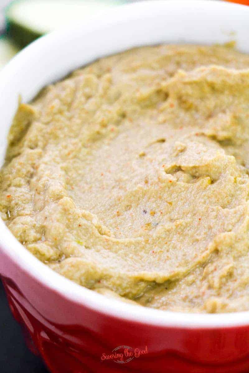 close photograph of Eggplant Dip in a red bowl