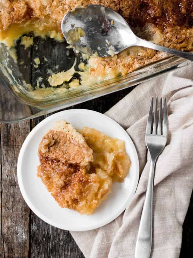 Apple cobbler on a plate with a fork.
