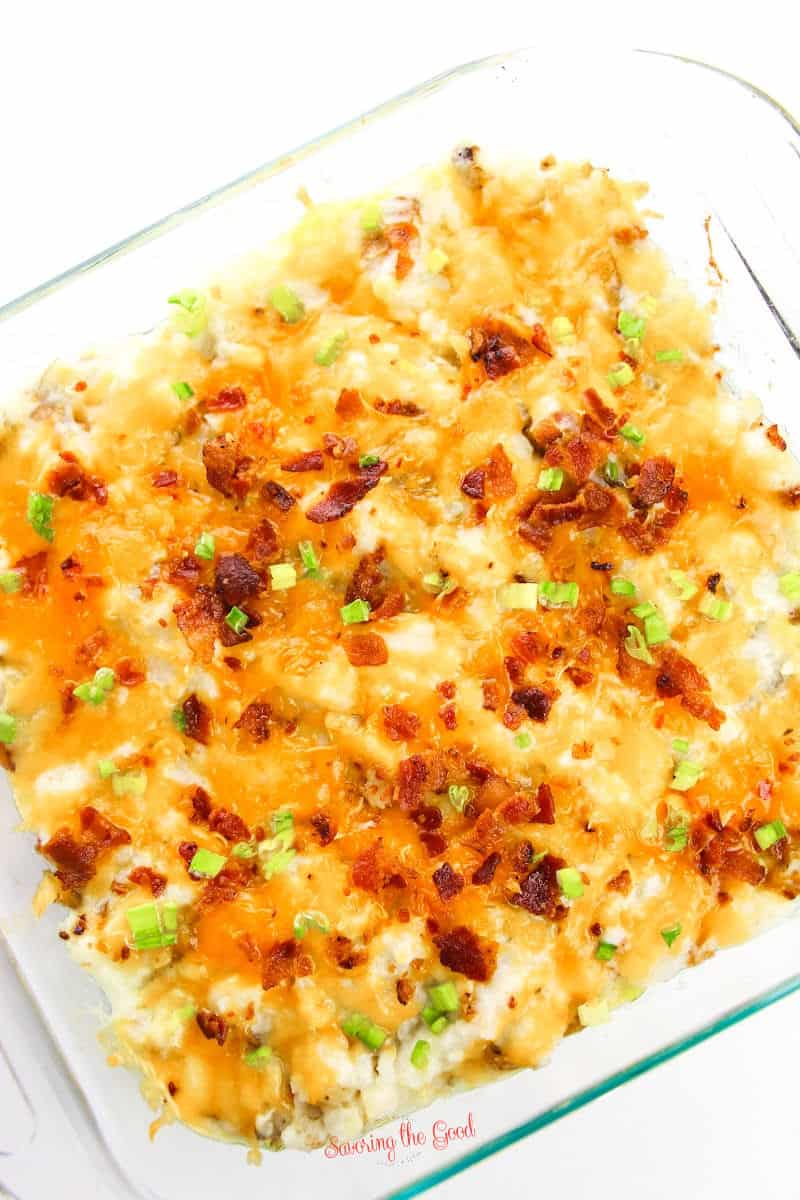 full pan of twice baked potato casserole with cheesy melted topping