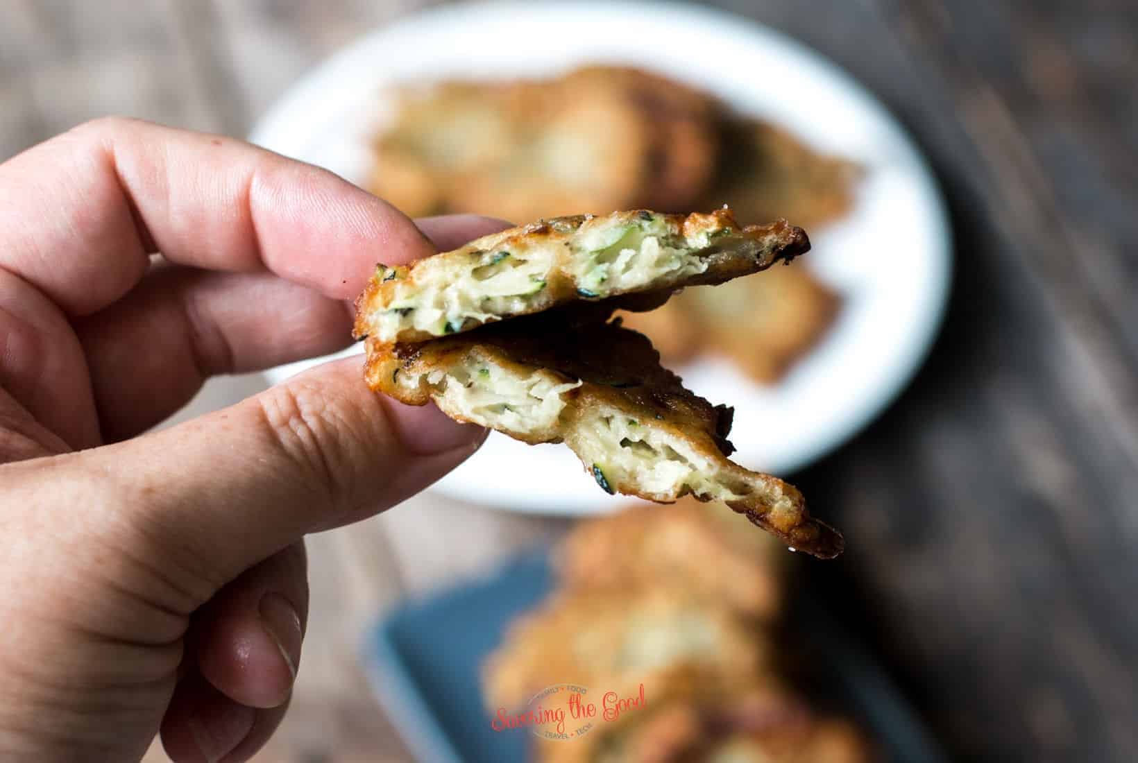 zucchini fritter slit in half showing inside texture.