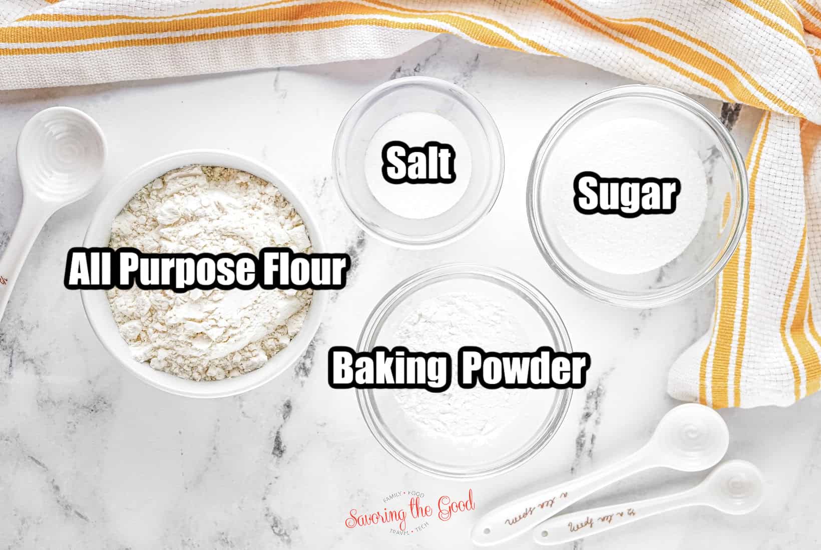 Ingredients needed to make homemade pancake mix with text overlay, all purpose flour, salt, sugar, baking powder.