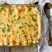 glass pan of Sour Cream Chicken Enchiladas with a serving spoon to the right side