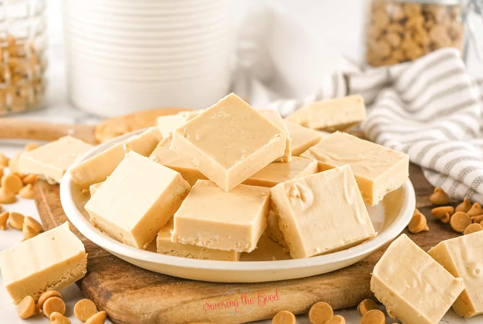 2 ingredient peanut butter fudge recipe. Peanut butter fudge on a plate.