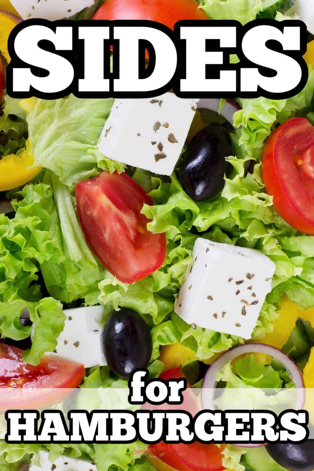 A picture of a salad with the words sides for hamburgers.
