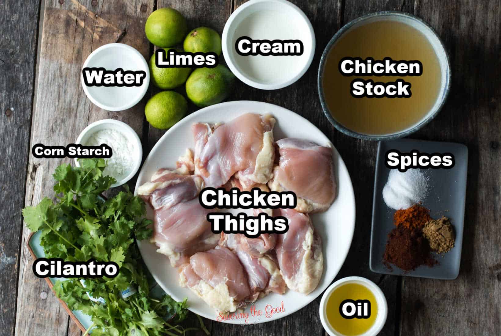 cilantro lime chicken ingredients in bowls with text overlays